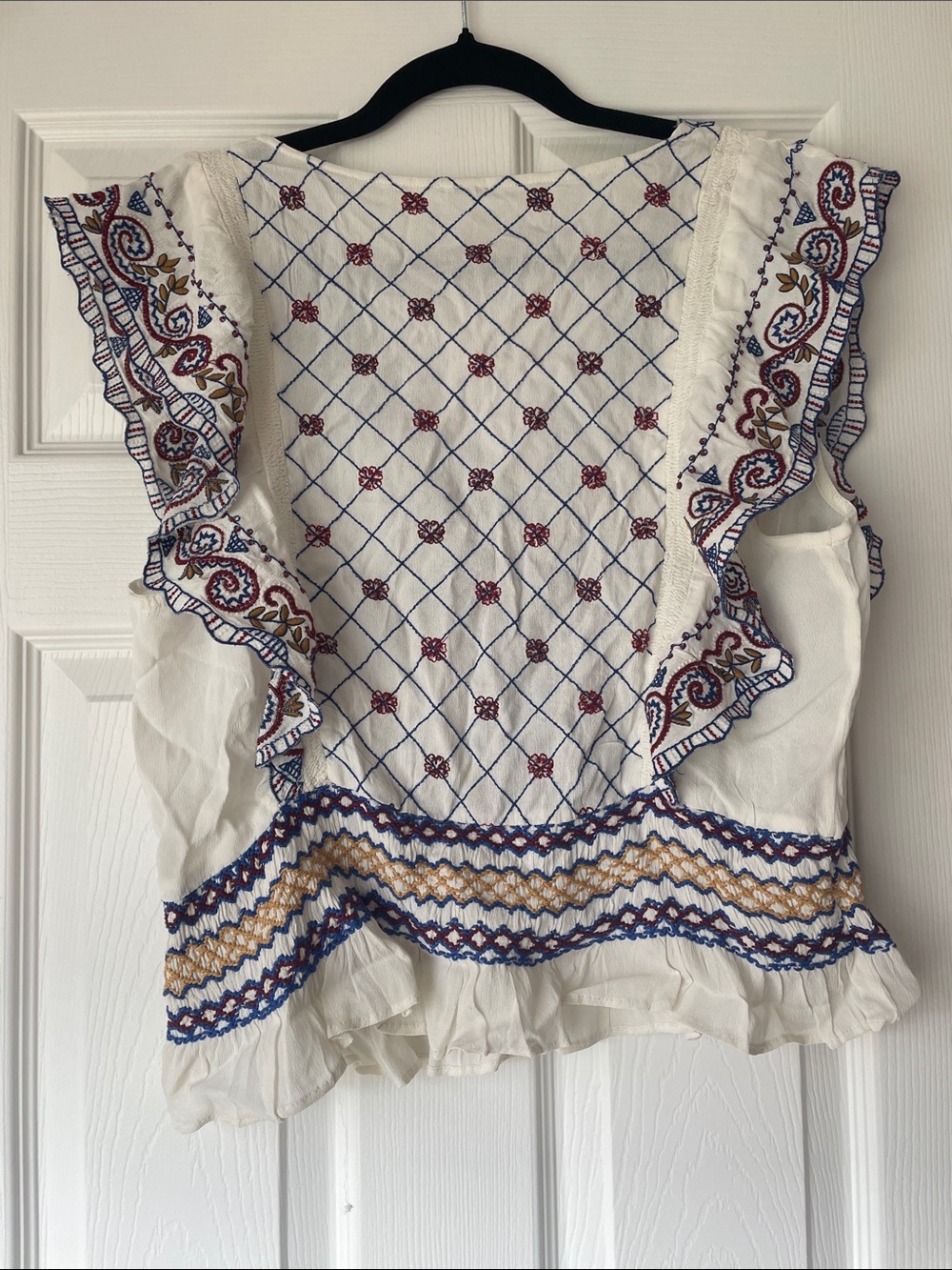 Free People White Embroidered and beaded V-Neck Ruffle Sleeve Top - Picture 4 of 5